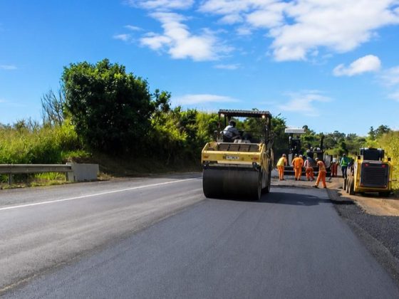 Obras na BR-262 com rolo compactador e equipe de trabalhadores realizando pavimentação em pista de mão única