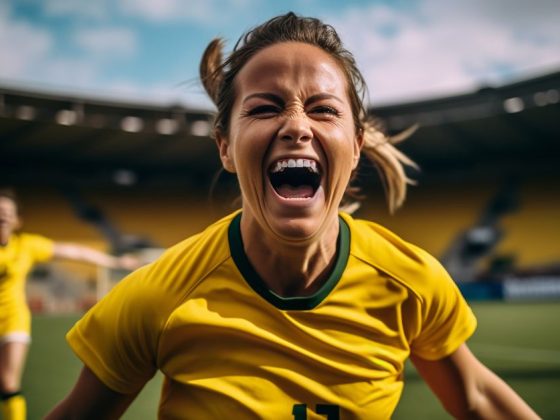 Jogadora com camisa da seleção brasileira comemora gol em partida da Copa do Mundo Feminina