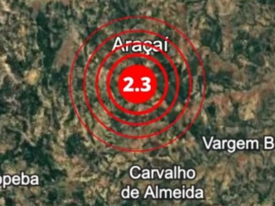 Mapa com tremor de terra em Minas Gerais registrado em Araçaí com magnitude 2.3 na escala Richter