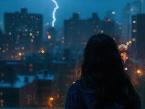 Mulher observa tempestade com raios e chuva forte pela janela durante ciclone de forte intensidade