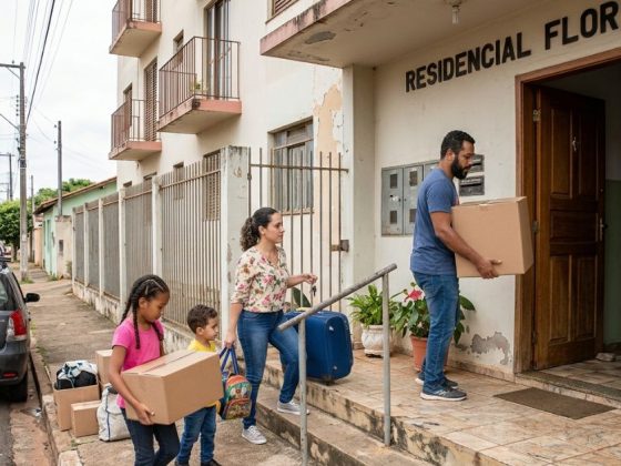 Compra Assistida: família carrega caixas de mudança na entrada de apartamento alugado em Juiz de Fora