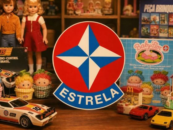 Brinquedos clássicos da Estrela expostos ao redor do logotipo da marca, no pedido de recuperação judicial da Estrela