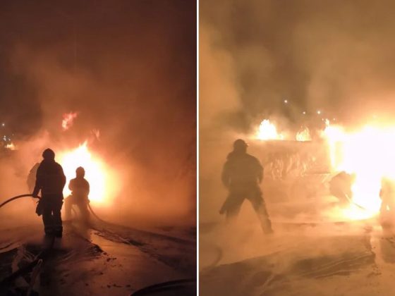 Acidente na MG-10, bombeiros tentam conter fogo.