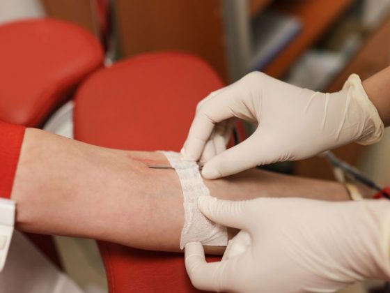 Doação de sangue com coleta realizada no braço de um doador por profissional de saúde usando luvas.