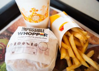 An 'Impossible Whopper' sits on a table at a Burger King restaurant in Richmond Heights, Missouri.