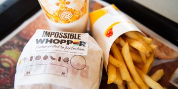 An 'Impossible Whopper' sits on a table at a Burger King restaurant in Richmond Heights, Missouri.