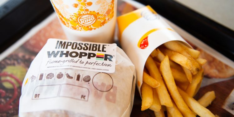 An 'Impossible Whopper' sits on a table at a Burger King restaurant in Richmond Heights, Missouri.