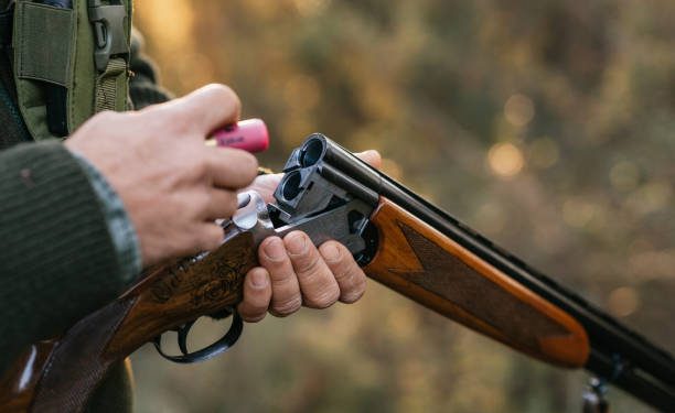 Hunter man loading his gun while hunting outdoors. Hunting season concept.