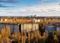 View from roof of 16-storied apartment house in Pripyat town, Chernobyl Nuclear Power Plant Zone of Alienation, Ukraine