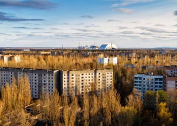 View from roof of 16-storied apartment house in Pripyat town, Chernobyl Nuclear Power Plant Zone of Alienation, Ukraine