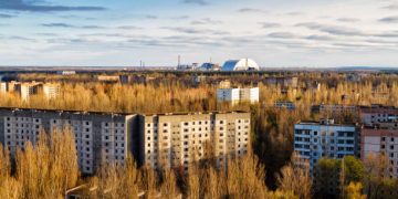 View from roof of 16-storied apartment house in Pripyat town, Chernobyl Nuclear Power Plant Zone of Alienation, Ukraine