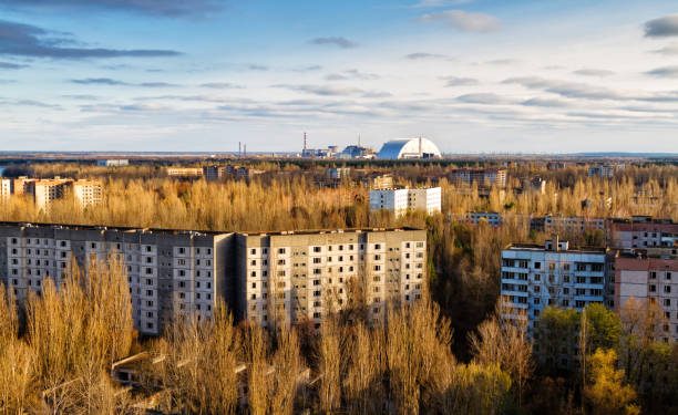 View from roof of 16-storied apartment house in Pripyat town, Chernobyl Nuclear Power Plant Zone of Alienation, Ukraine