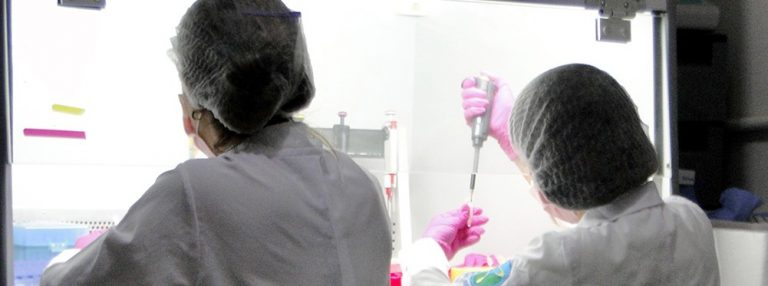 Mulheres analisam material em laboratório