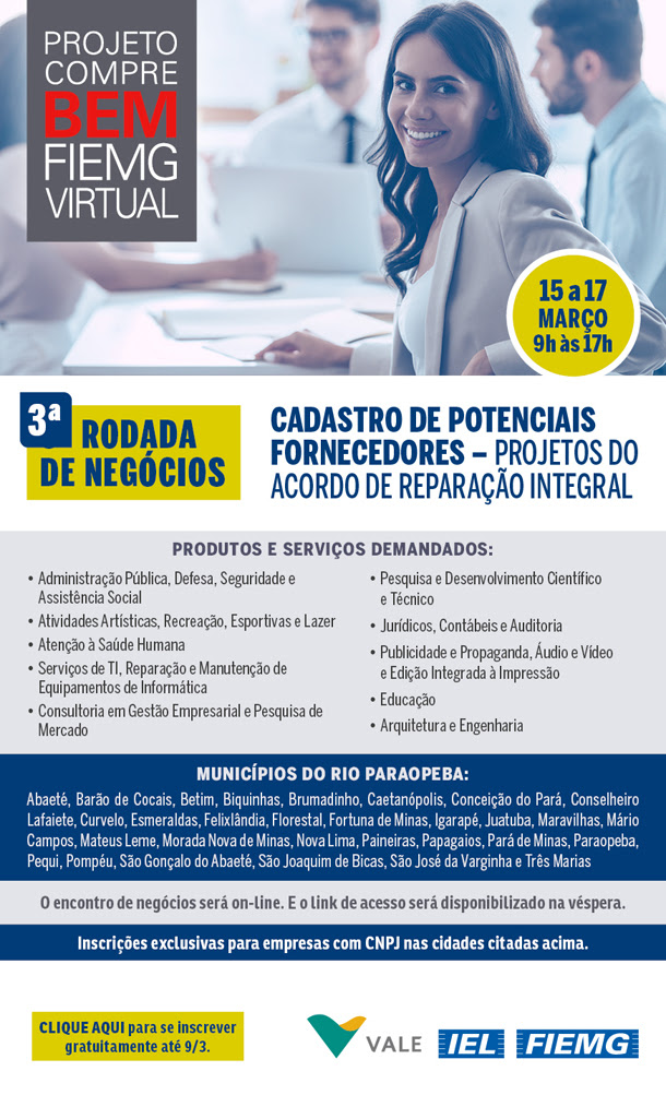 FIEMG e Vale convidam fornecedores da bacia do Rio Paraopeba para 3ª rodada de negócios