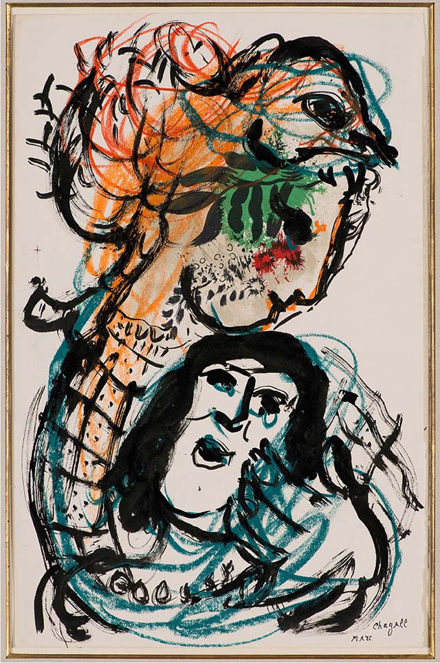 Duas cabeças, de 1966, guache, pastel e nanquim sobre papel (49,8 × 32,2 cm), de coleção particular | © Chagall, MarcAUTVIS, Brasil, 2022