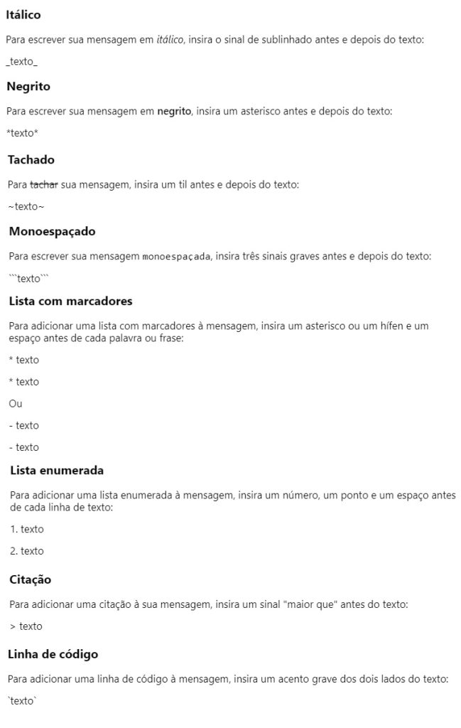 Atalhos de formatação de textos no WhatsApp | Crédito: reprodução do FAQ divulgado pelo WhatsApp em 21.2.2024
