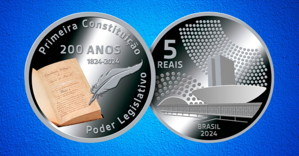 BC lança moeda de R$ 5 para celebrar os 200 anos da primeira Constituição do Brasil