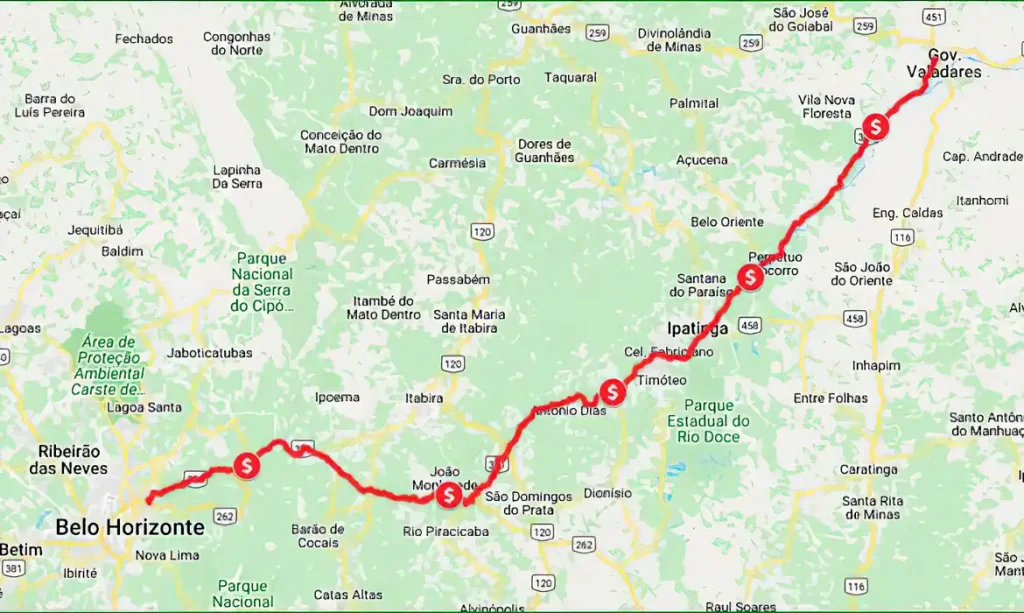 Mapa da BR-381 no trecho que será colocado em leilão