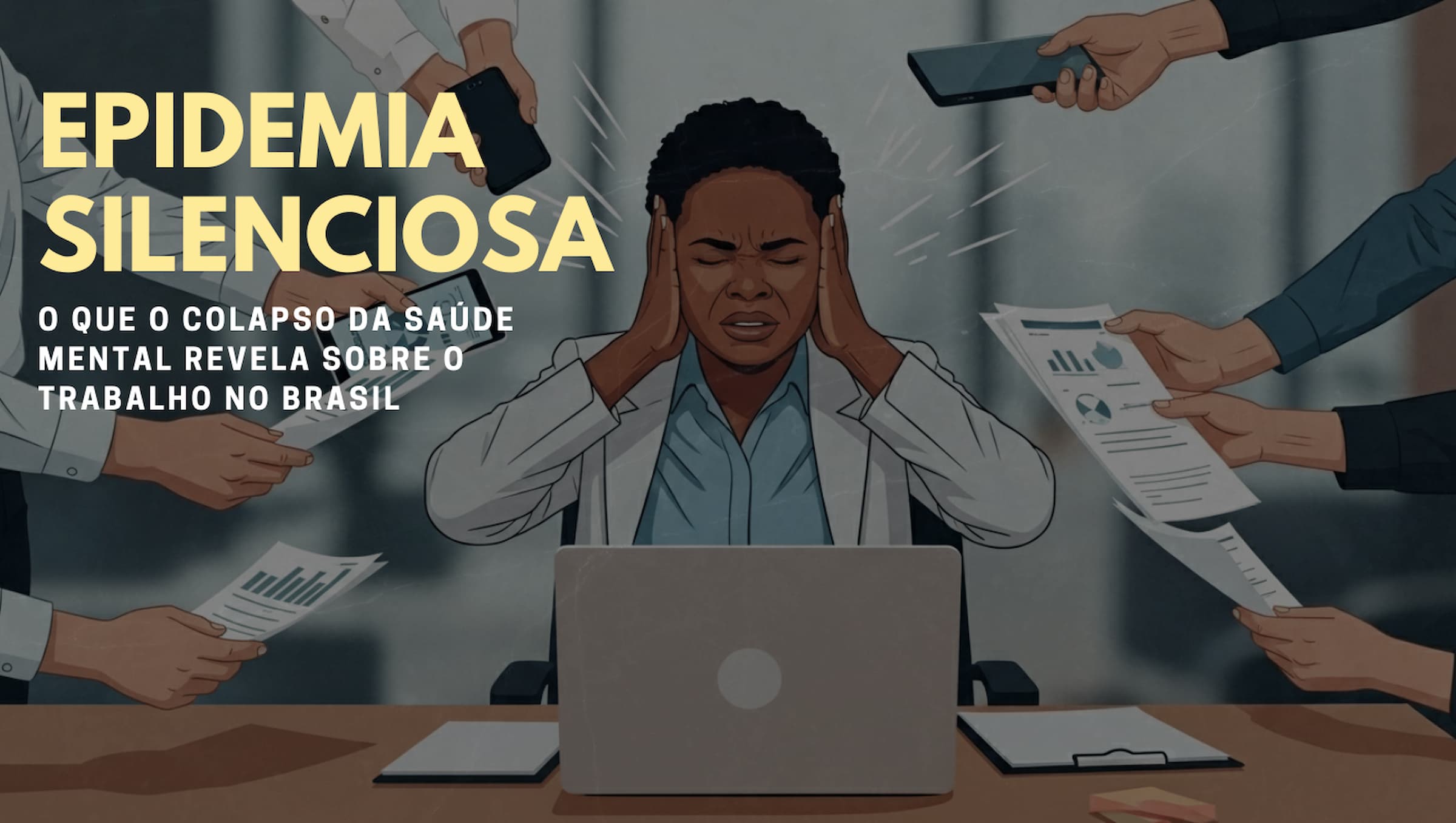 Ilustração de uma mulher negra sentada em sua mesa de trabalho, com um laptop à sua frente. Ela está com as mãos cobrindo as orelhas e uma expressão de angústia. Ao seu redor, múltiplos braços de outras pessoas estendem celulares, tablets e papéis com gráficos em sua direção, simbolizando a sobrecarga de demandas. Sobreposto à imagem, o texto 'Epidemia Silenciosa' e 'O que o colapso da saúde mental revela sobre o trabalho no Brasil'.