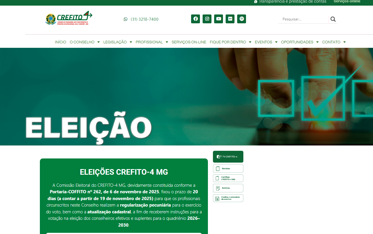 Eleições do Conselho Regional de Fisioterapia e Terapia Ocupacional de Minas Gerais acontecem nesta quinta (23)