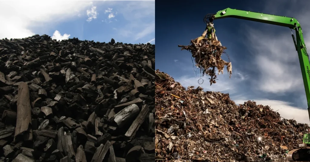 Imagem dividida mostrando à esquerda uma montanha de carvão e à direita uma pilha de sucata sendo carregada por uma garra industrial verde.