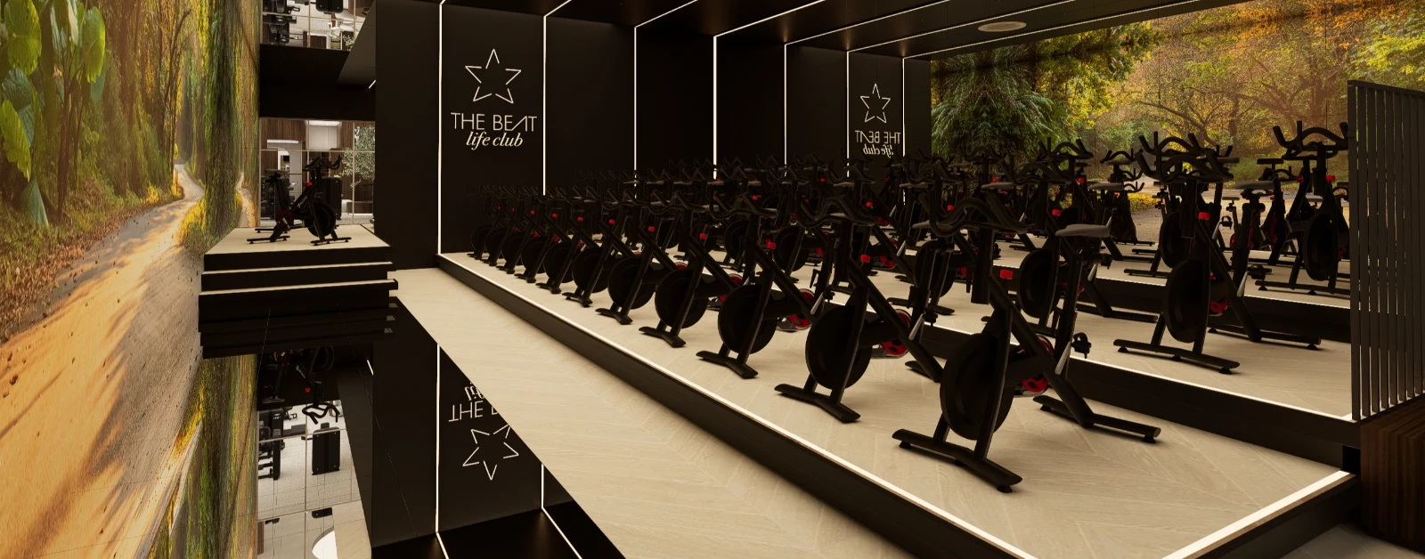 Espaço de academia The Beat Life Club com fileiras de bicicletas ergométricas e decoração elegante.