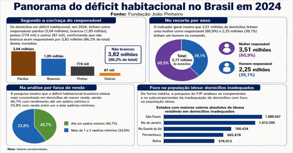 Gráficos com dados sobre déficit habitacional no Brasil, em 2024