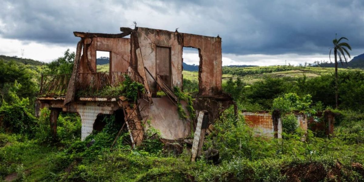 Ruínas de uma casa destruída pelo rompimento da barragem de Fundão, em Mariana (MG), cercadas por vegetação que cresceu sobre os escombros. A estrutura remanescente tem paredes parcialmente de pé, janelas sem vidros e sinais de degradação, sob um céu nublado.