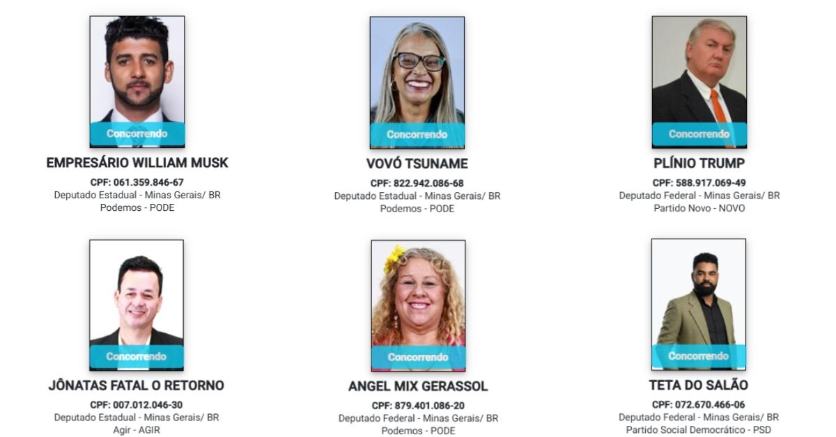 Montagem com fotos de seis candidatos às eleições em Minas Gerais e os respectivos nomes registrados para aparecer nas urnas: Empresário William Musk, Vovó Tsuname, Plínio Trump, Jônatas Fatal O Retorno, Angel Mix Gerassol e Teta do Salão.