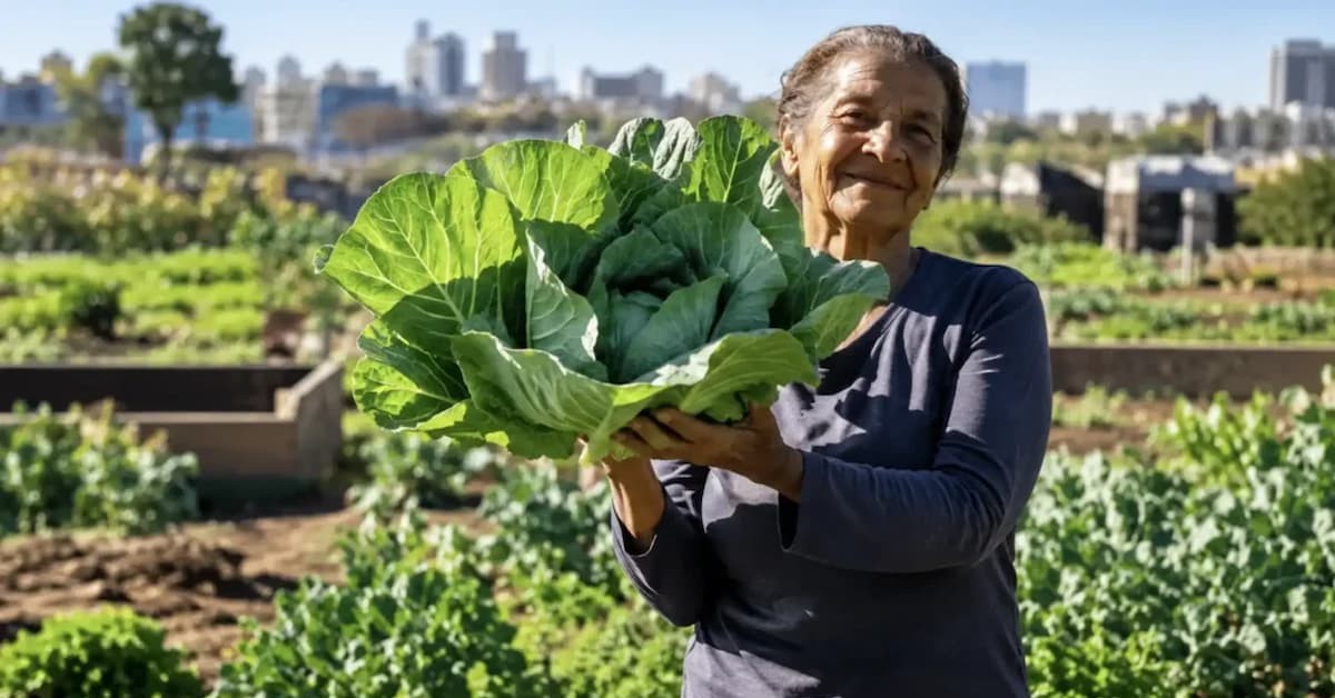 Moradora de Sete Lagoas (MG) mostra pé de repolho cultivado na horta comunitária do bairro Juscelino Kubitschek