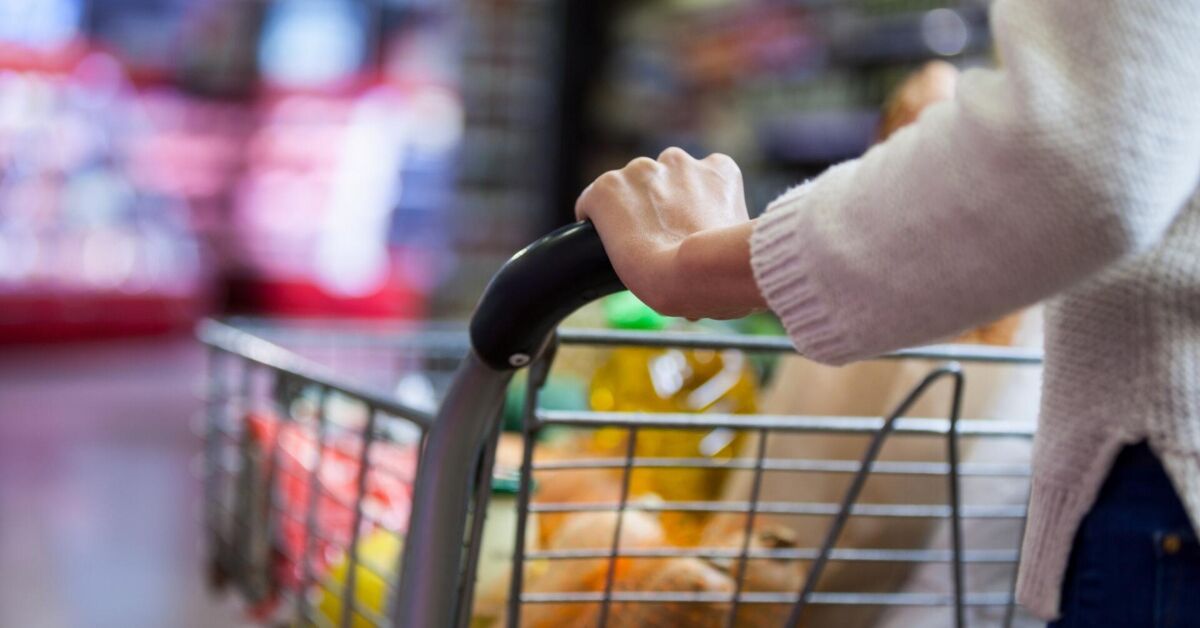 Pessoa empurrando um carrinho de compras em um supermercado