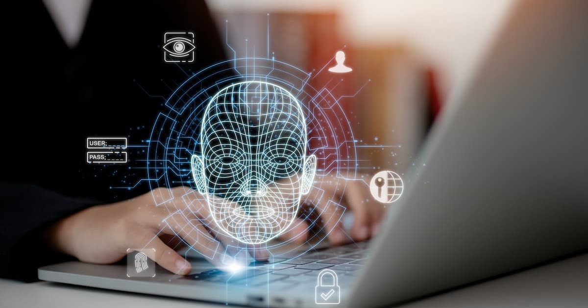 Conceito de segurança cibernética e inteligência artificial com escaneamento de rosto.