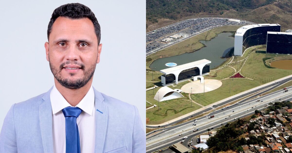 Retrato de um homem de terno azul ao lado de uma imagem aérea da Cidade Administrativa de Minas Gerais.